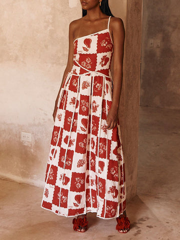Vestido largo acampanado con un solo hombro y estampado floral 