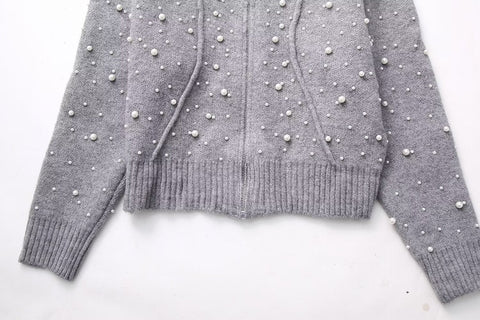 Herbst Damen Kleidung Rundhals Langarm Einreihiger Kunstperlenpullover 