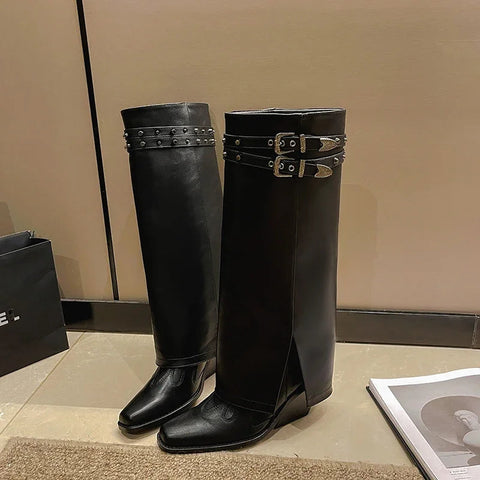 Herbst-Cowboystiefel für Damen, modisch, Schlupfstiefel, lange Rohrstiefel, quadratischer Absatz, Trend-Winterschuhe 