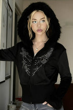 Gothic Rhinestone Fur Paneled Slim Hoodie
