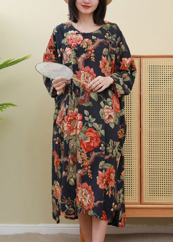 Vestido elegante con estampado floral rojo, cuello redondo, hebilla de placa inclinada, manga larga 