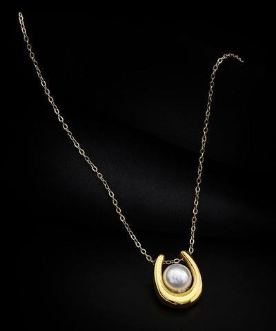 Elegante collar de lazo con perlas en forma de U y plata de ley dorada 