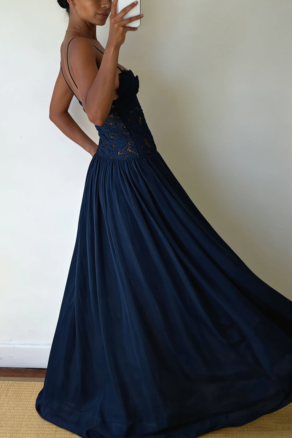 Elegant Lace Hollow Splice Chiffon Dress