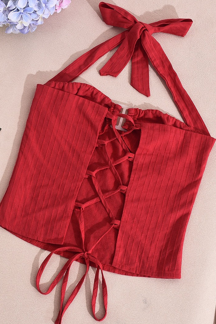 Striped Backless Tie Cropped Halter Top