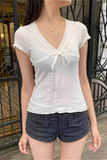 Solid Casual Lace Trim Tie T-Shirt