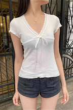 Solid Casual Lace Trim Tie T-Shirt