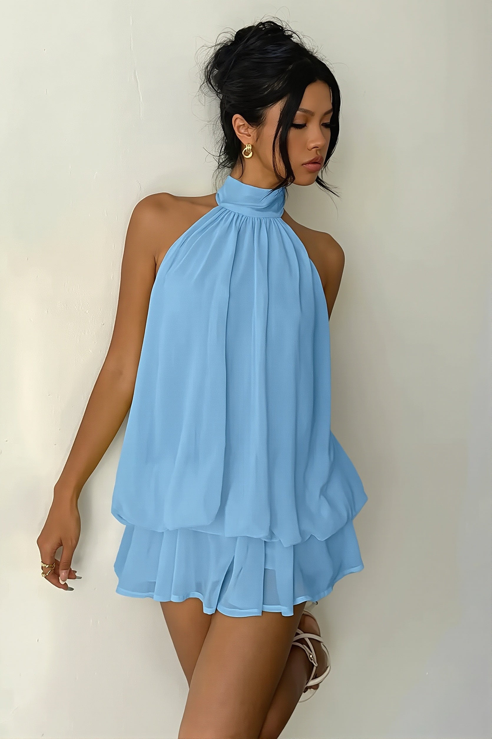 Vacation Halter Backless High Waist Flowy Mini Dress