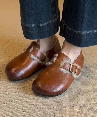 Zapatos planos retro de piel de oveja color caramelo con forro de lana afelpada 