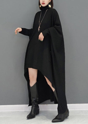 Schwarzes Patchwork-Strickpulloverkleid in Übergröße mit hohem Halsausschnitt 