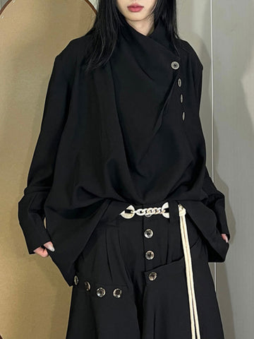 Blusas y camisas de manga larga, sueltas, asimétricas, plisadas, con abertura y cuello alto 