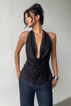 Halter Deep V Backless Rivet Fitted Tank Top