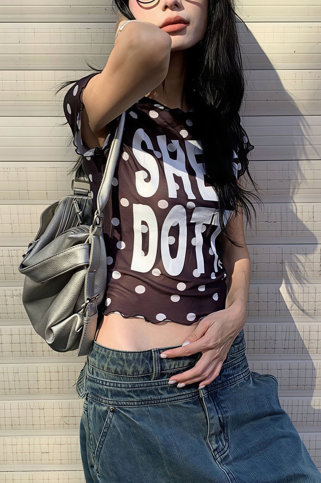 Mesh Polka Dot Letter Crop T-shirt