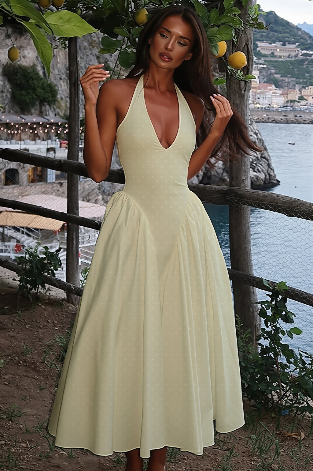 Sexy Polka Dot Halter Deep V High Rise Maxi Dress