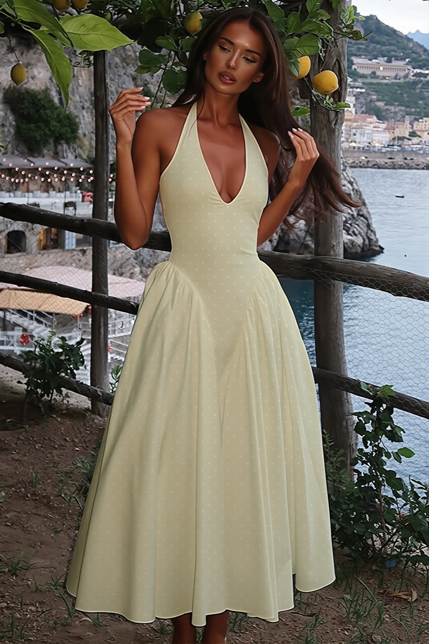 Sexy Polka Dot Halter Deep V High Rise Maxi Dress