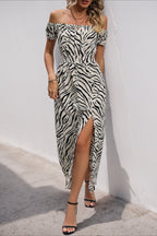 Zebra Print Off Shoulder Puff Sleeve Maxi Dress