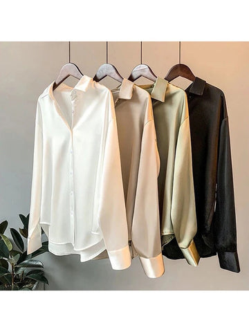 High Quality Elegant Imitation Silk Blouse Spring Women Fashion Long Sleeves Satin Blouse Vintage Femme Stand Street Shirts