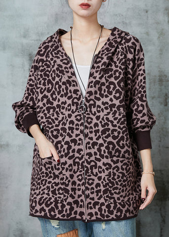 French Khaki Oversized Strickjacke mit Leopardenmuster Frühling 