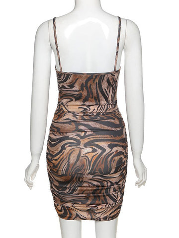 Sommerkleid mit Trägern am Hals und Leopardenmuster, Fransen, rückenfreies Leoparden-Strandkleid 