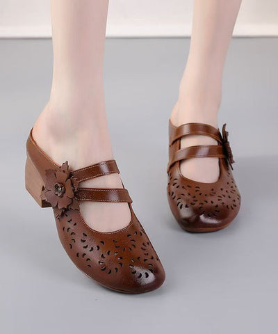 Boho Rindsleder Spleißen Braun Slide Sandalen Aushöhlen 