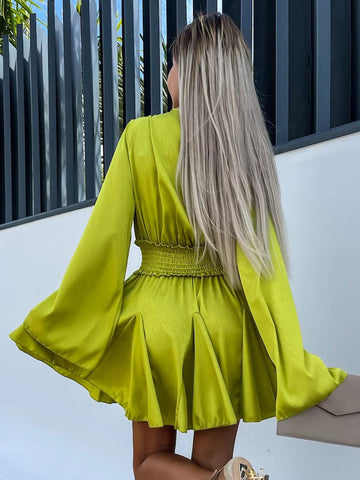 Mini Dresses Yellow Green Long Sleeves Lace Up Short Dress