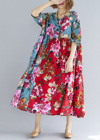 Hermoso vestido de verano holgado con cuello redondo, estampado de lino y algodón acolchado, con patchwork, en rojo y verde 