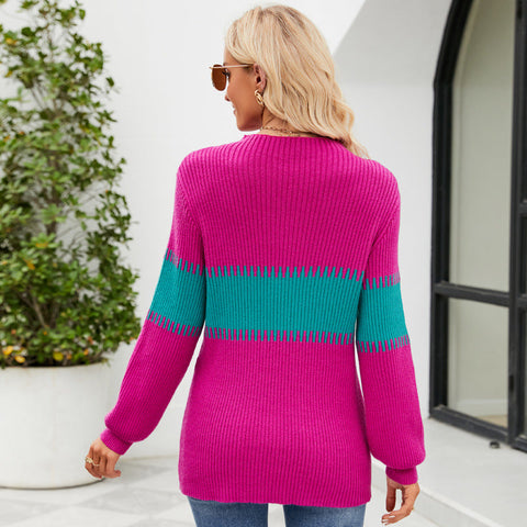 Colorful Patchwork Mock Neck Sweater: Stylish Loose Pullover for Women's Autumn/Winter Fashion