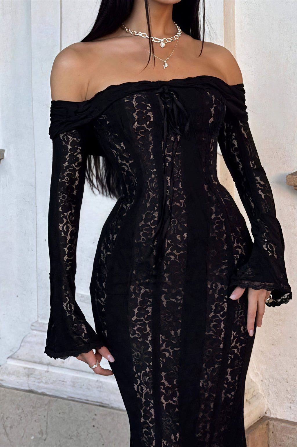 Off Shoulder Lace Flare Sleeve Fitted Train Elegant Maxi Dress