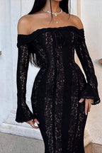 Off Shoulder Lace Flare Sleeve Fitted Train Elegant Maxi Dress
