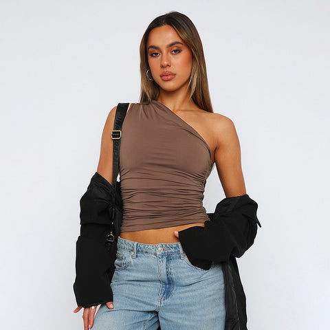 Solid Color One Shoulder Backless Tank Top T-Shirt Candy Color Sleeveless Slim Top