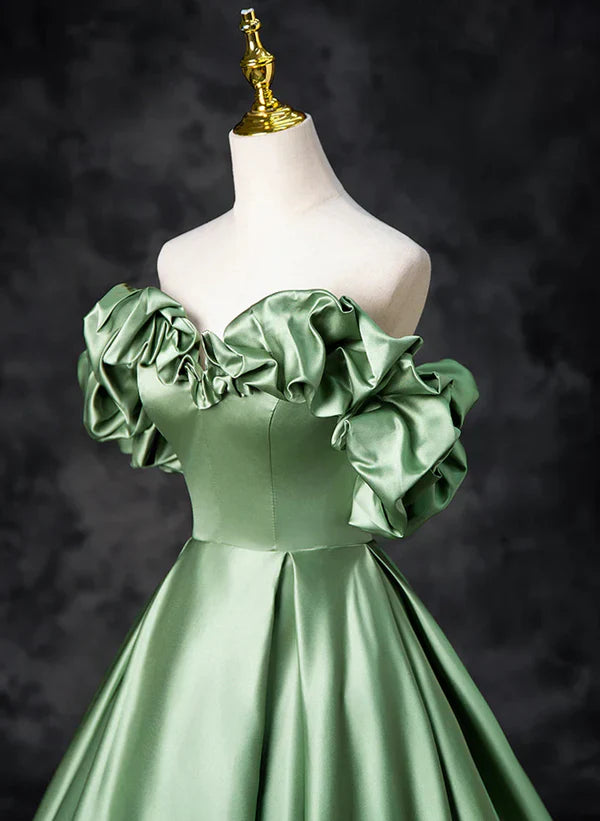Satin schulterfreies langes Partykleid A-Linie Grünes Ballkleid Quinceañera-Kleid