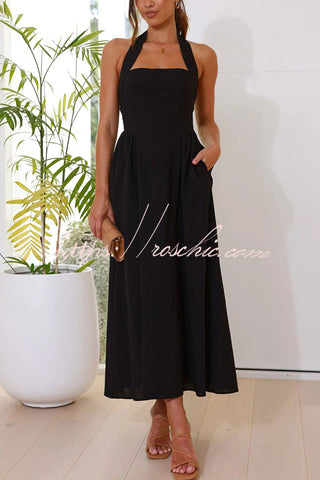 Brunch in Bali – Neckholder-Maxikleid aus Leinenmischung mit Taschen 