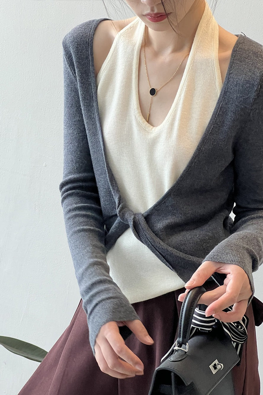 Patchwork Layered Halter Long Sleeve Tee
