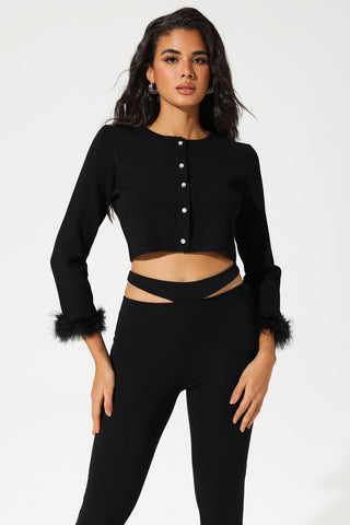 Long Sleeve Crew Collar Cardigan Black