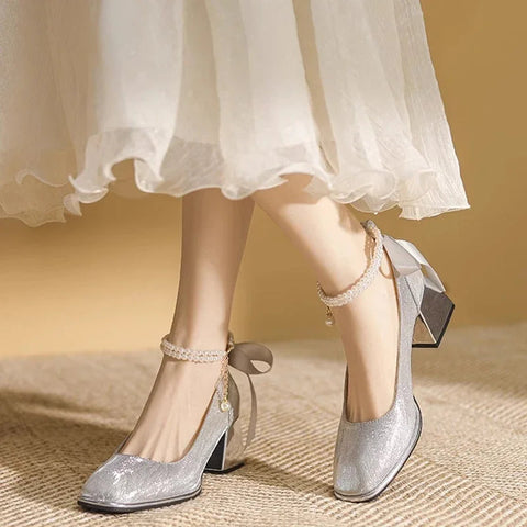 Spring Bling Mary Janes String Bead Shoes Women Bow Mid Heels Shoes 2024 Pumps New Mujer Wedding Fashion Elegant Zapatos Shallow