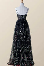 Vestido largo de fiesta de noche con escote en V y tul floral negro