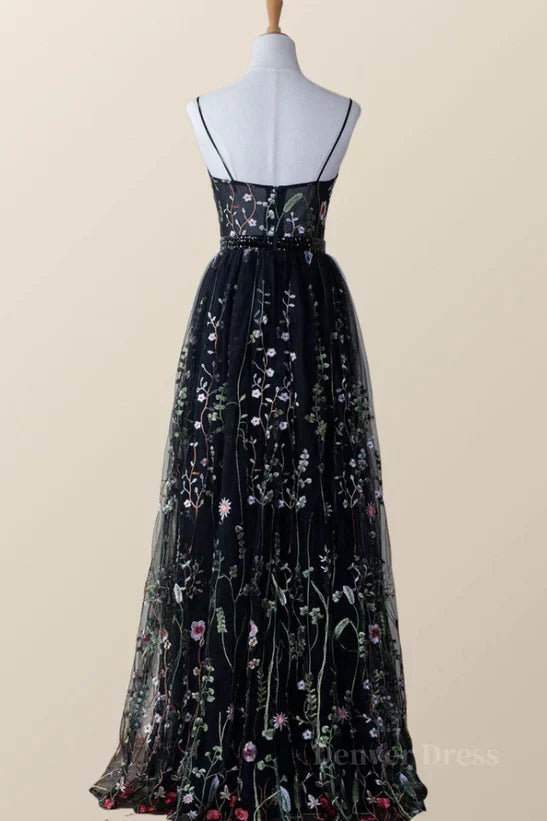 Vestido largo de fiesta de noche con escote en V y tul floral negro