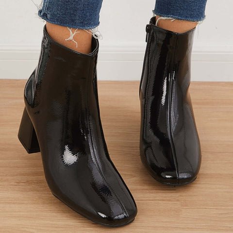 Botines de charol con tacón de bloque y punta cuadrada con cremallera lateral 