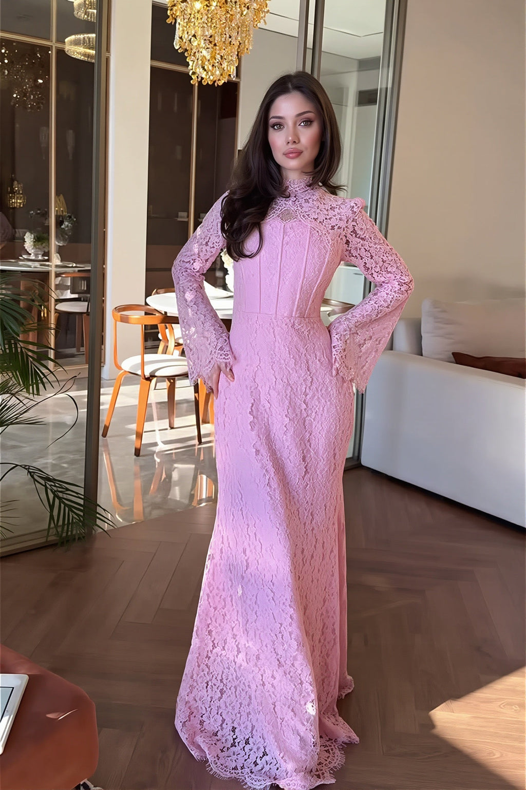 Lace Long Sleeve Mermaid Maxi Dress