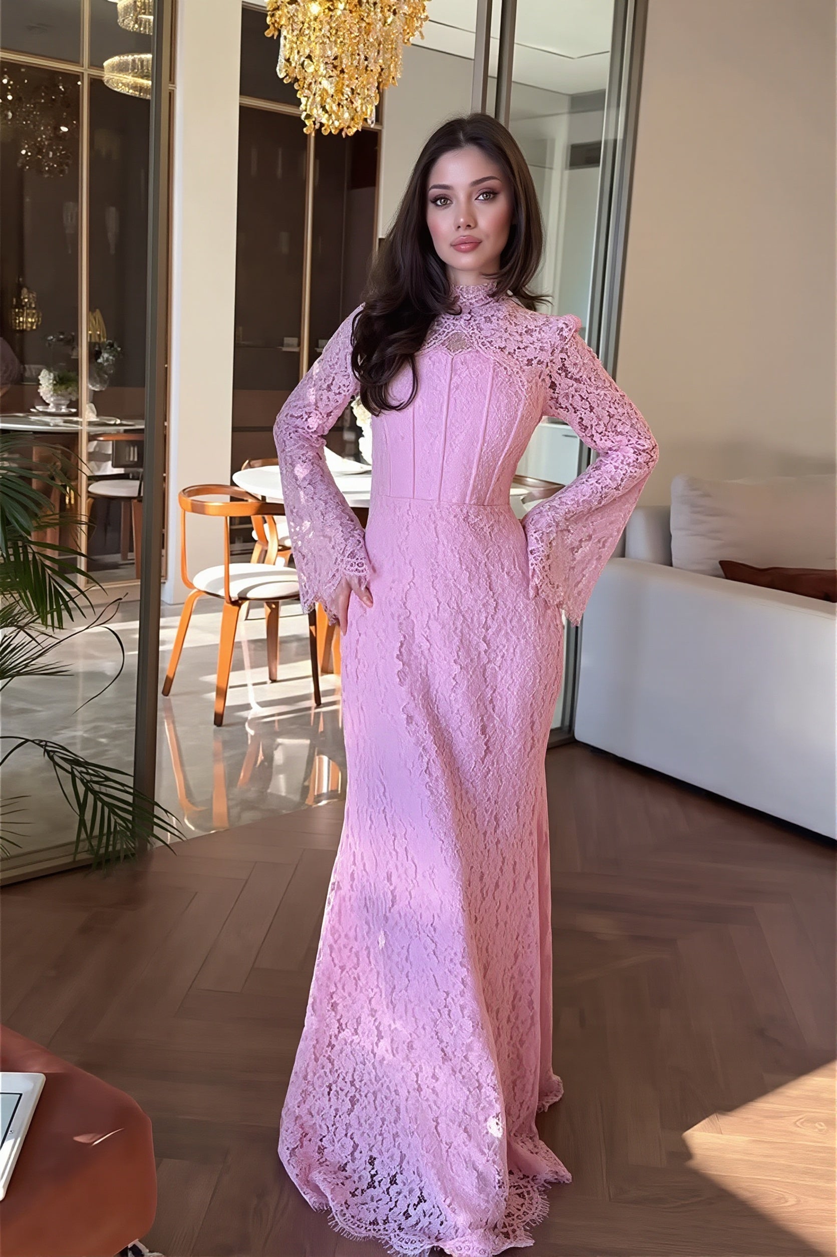 Lace Long Sleeve Mermaid Maxi Dress