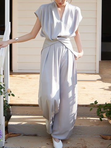 Loose Raglan Sleeve Knot Pleated Solid Color Split-Joint V-Neck Blouses&Shirts Tops