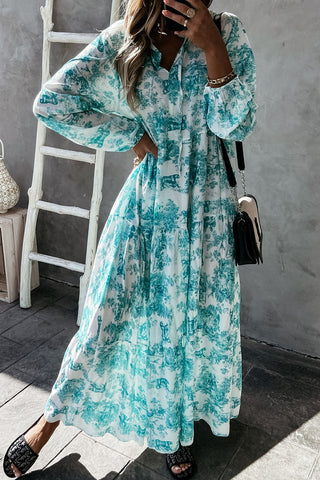 Vestido largo de manga larga con cuello en V y estampado floral 