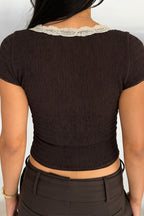 Vintage Lace Beaded Tie V Neck Blouse
