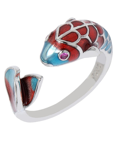 Anillos de carpa con brocado cloisonné en plata de ley con diseño abierto y bloques de color retro 