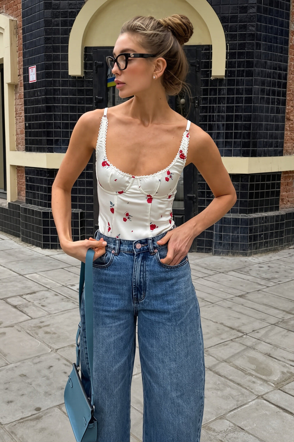 Printed U Neck Lace Trim Backless Cami Top