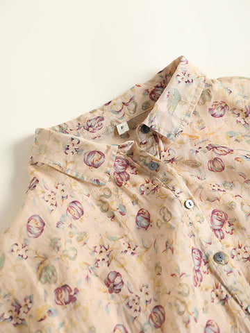 Women Summer Artsy Floral Drawstring Cardigan Ramie Dress