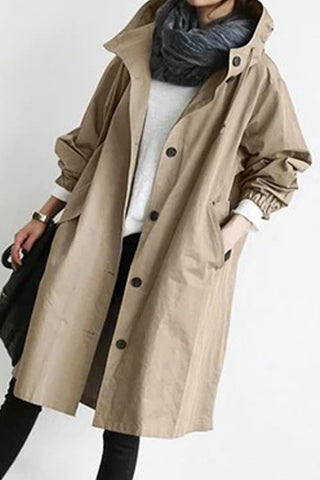 British Style Solid Pocket Buttons Hooded Collar Outerwear