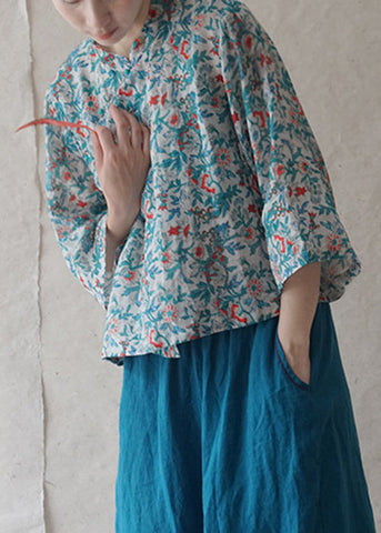 Vintage Blau Button Print Leinen Shirts Armband Ärmel 