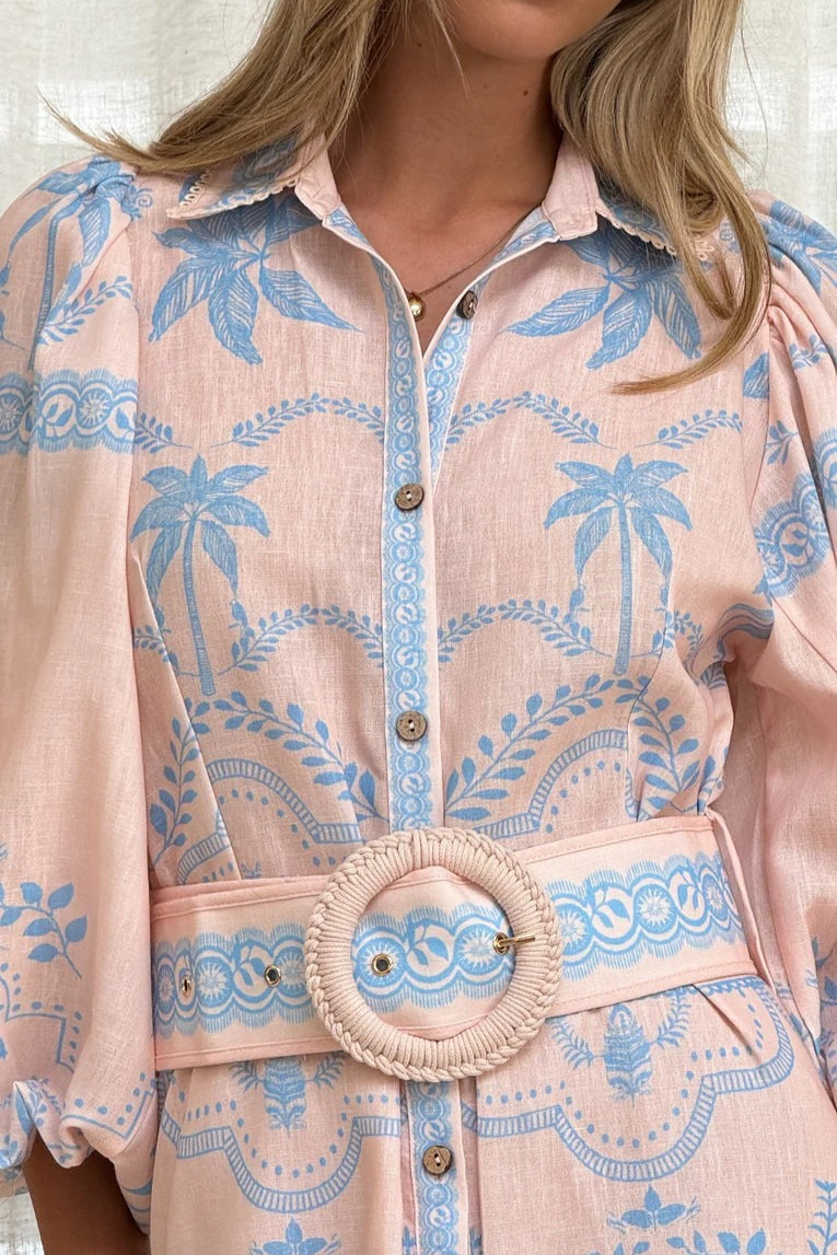 Linen Puff Sleeve Belt Loose Boho Dress