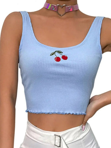 Cotton Ribbed Cherry Embroidery Tank Top Sweet Fashion Cropped Sleeveless Summer Top Vest 2024 New Crop Tops Clothing