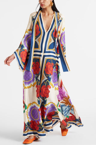 Shine The Light Unique Printed High Neck Bell Sleeve Loose Maxi Dress